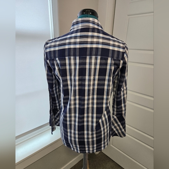 DRAPER JAMES BLUE PLAID BELL SLEEVE BLOUSE BUTTON UP SHIRT TOP WOMEN SIZE 4 - Picture 6 of 12